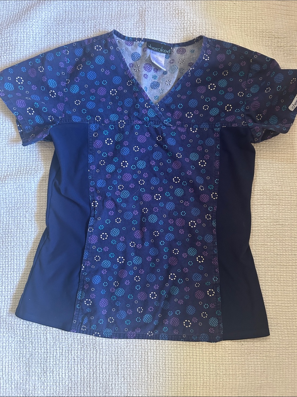 Cherokee Navy V-Neck Scrub Top with Purple and Teal Dot Print